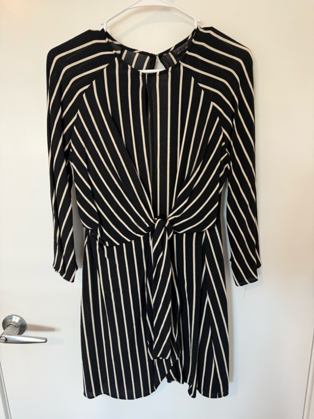 Tie-Front Mini Dress- Black and Beige Stripe
